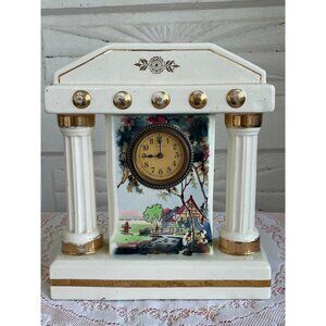 Antique German Mechanical Mantle Clock Pillars Hand Painted Porcelain Not Workin